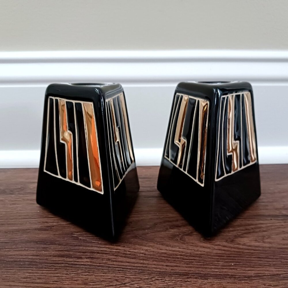 4" Vtg Harris Potteries Chicago Black Gold MCM Modernist Candle Holders Triangle